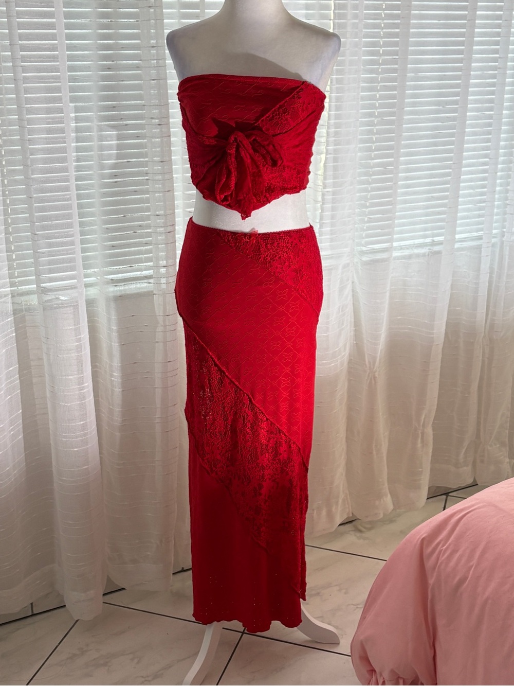 Red Lace-Accent Two-Piece Skirt Set